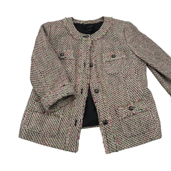 Talbots Tweed Jacket Womens Size 12 Multicolor Pink/Green/Black Cotton Blend - Picture 1 of 5